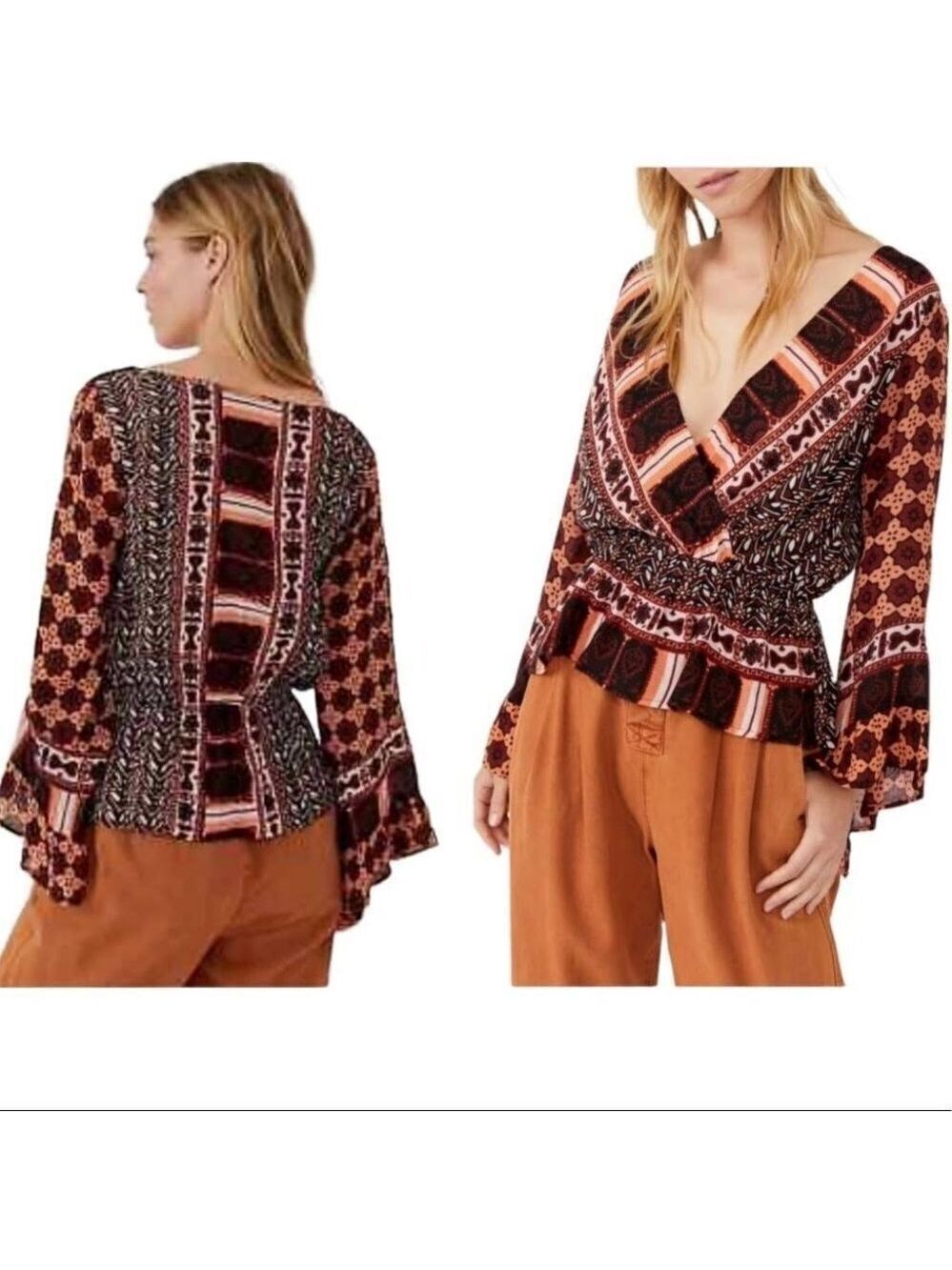 * NEW Free People Rosalie Coral Print Wrap Blouse Size XS - Picture 2 of 7